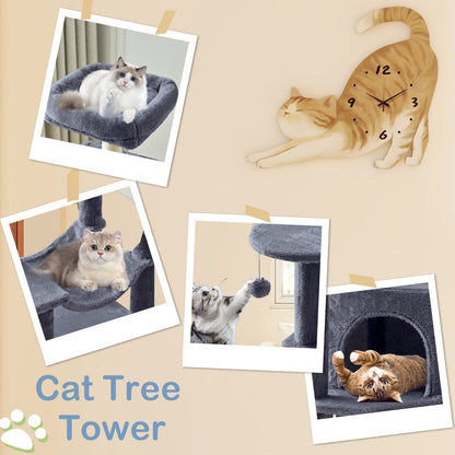 44-Inch Cat Tree Tower with Condo & Hammock - Multi-Level Indoor Cat Tree with Natural Sisal Scratching Posts, Perches & Pet House for Cats & Kittens, Stable Cat Climbing Tower, 5 Colors