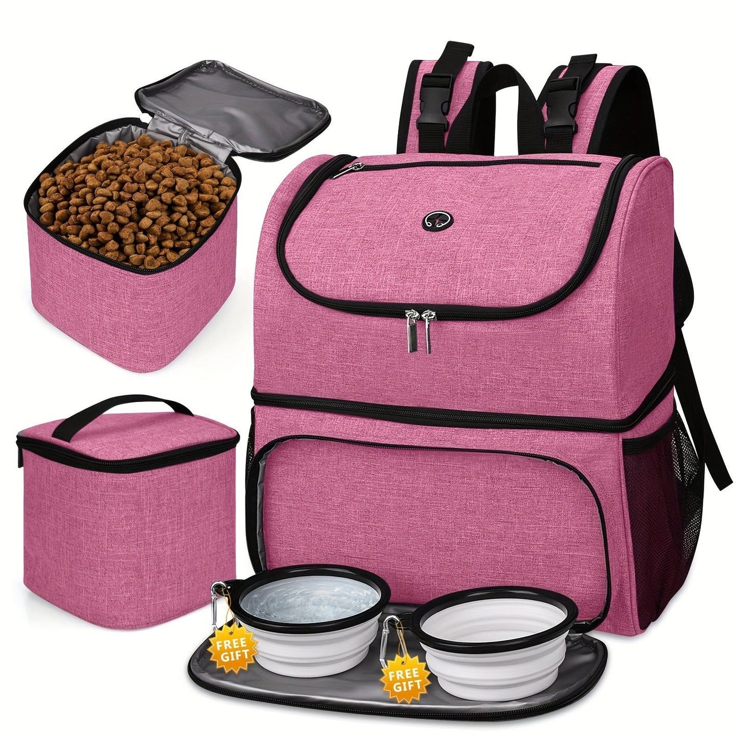 Pet Travel Backpack Double Layer Dog Cat Supplies Bag with 2 Collapsible Bowls 2 Food Baskets Portable Organizer for Outdoor Hiking Camping Road Trip