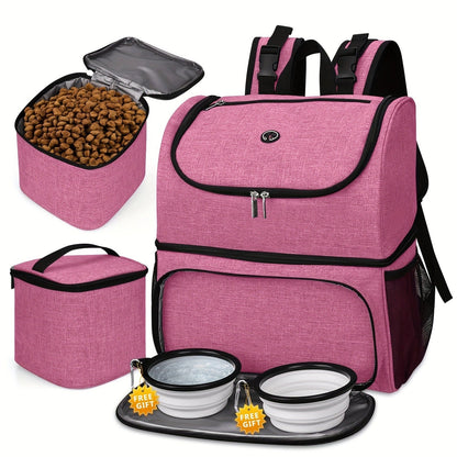 Pet Travel Backpack Double Layer Dog Cat Supplies Bag with 2 Collapsible Bowls 2 Food Baskets Portable Organizer for Outdoor Hiking Camping Road Trip