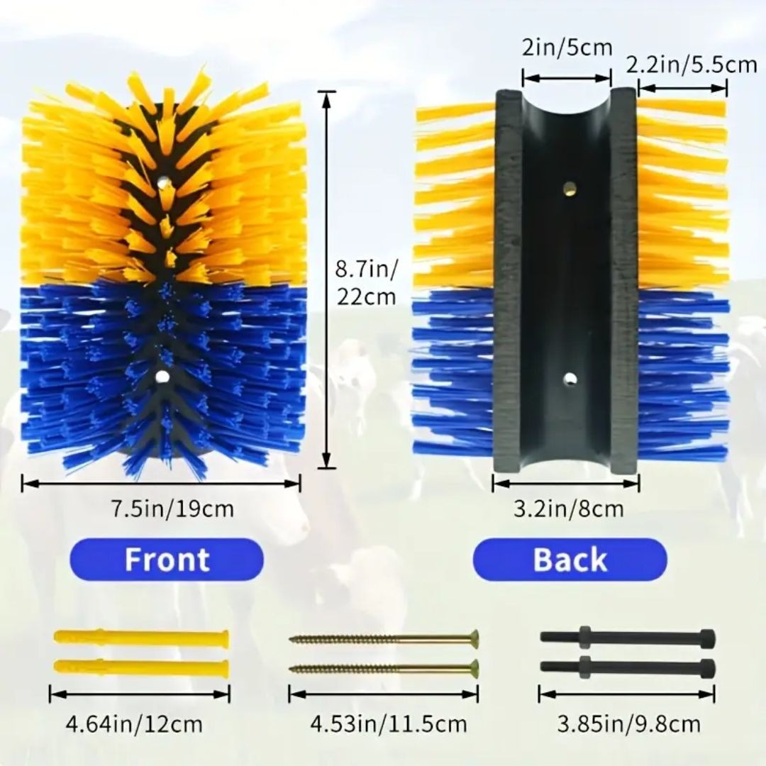 Livestock Grooming Brush Scratcher 8.7" – All-in-One Massage & Itch Relief Tool for Horse, Cow, Goat & Pig | Easy Install with 4 Screws, Battery-Free Stress Reduction, Red/Blue & Yellow/Blue