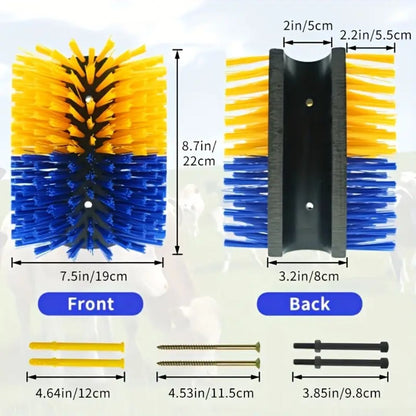 Livestock Grooming Brush Scratcher 8.7" – All-in-One Massage & Itch Relief Tool for Horse, Cow, Goat & Pig | Easy Install with 4 Screws, Battery-Free Stress Reduction, Red/Blue & Yellow/Blue