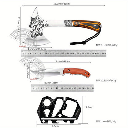 Tactical Axe Set Outdoor Multifunctional Knife Tool Card 3-4 Piece Kit for Hiking Camping BBQ Survival Wolf Head Axe Option