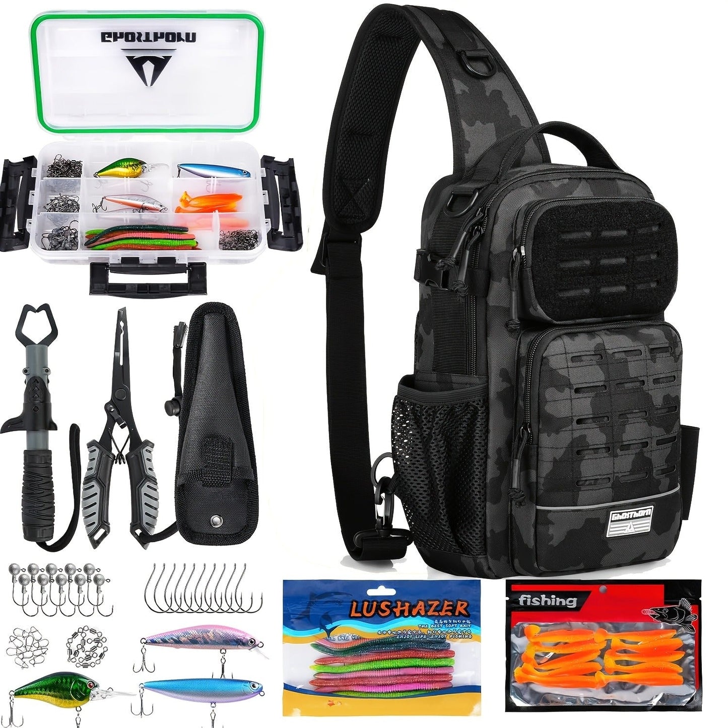 Camouflage Fishing Shoulder Bag with Zipper – Tactical Outdoor Gear Bag for Fishing Tackle, Hunting & Camping, Multi-Pocket Crossbody Bag, Available in Green Camo, Black Camo, Black & Khaki, Gift Box Option
