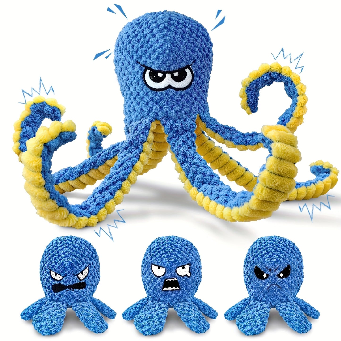 Tough Dog Chew Toy Octopus - Squeaky Stuffed Interactive Dog Toys for Large Dogs, Crinkle Tug of War Plush Dog Toy to Keep Dogs Busy, Durable Dog Toys 1/2/4 Pack - Blue & Yellow Octopus