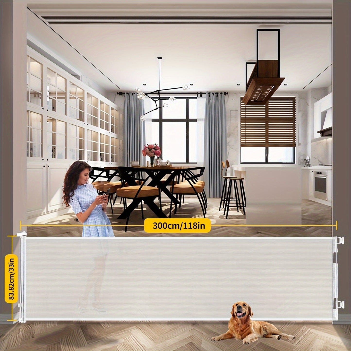 Retractable Baby Gate & Mesh Dog Gate - Extends 55" to 197" Wide, Child Safety Gate for Doorways Stairs Hallways, Indoor & Outdoor Use, Black / White / Gray, 6 Size Options