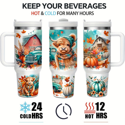 Stainless Steel Insulated Tumbler With Lid and Straw, 40oz & 16oz Highland Cow Thanksgiving Water Bottle With Handle, Keeps Cold 24 Hours Hot 12 Hours, Portable Travel Cup for Car Home Office Birthday Gift