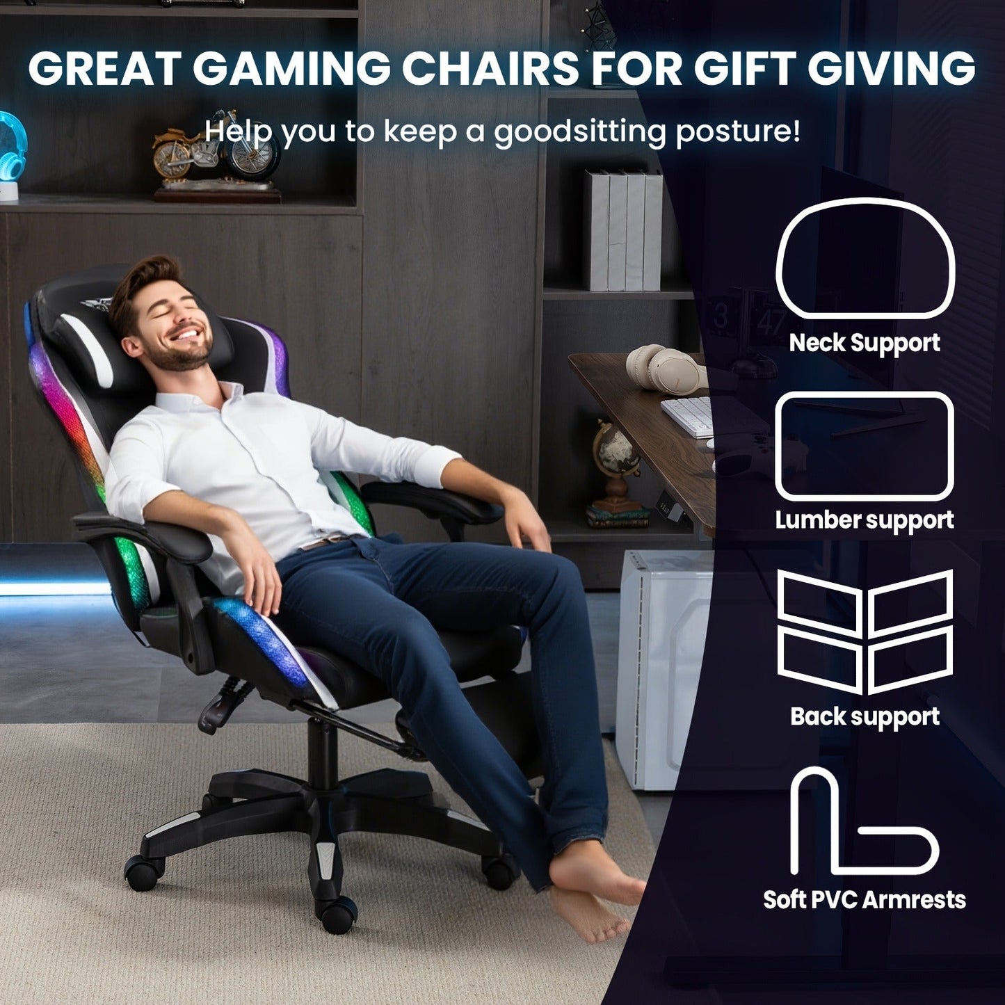 RGB Gaming Chair with LED Lights Footrest Ergonomic Gaming Chair with Massage Lumbar Support Reclining Video Game Chair for Adults Home Office Computer Chair with USB RGB Lighting