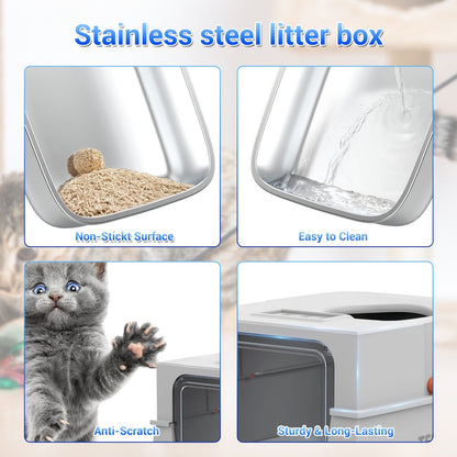 Stainless Steel Cat Litter Box with Lid - Extra Large 68L Enclosed & Semi-Open Modular System, 304 Steel Non-Stick Easy Clean, Charcoal Filter, Litter Mat & Scoop Included, Indoor XL Pet Toilet