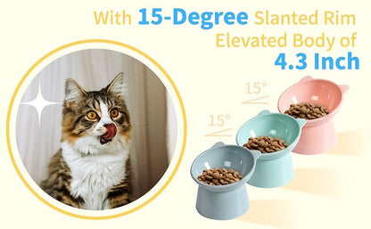Cat Ear Shaped Raised Cat Bowls Set of 3 - Elevated Feeder Anti-Slip Base Neck Comfort Design, Pink Green Blue Feeding Dish for Cats & Small Pets