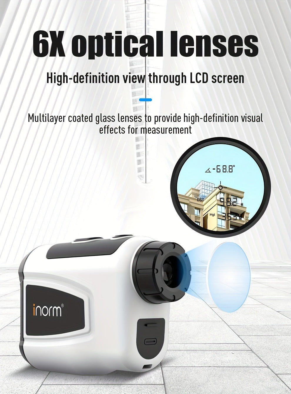 Golf Laser Rangefinder 1200 Yards Slope Compensation 6X Magnification Flag Lock HD Rechargeable USB Charging Anti-Vibration High Precision Quick Positioning White Stylish Design