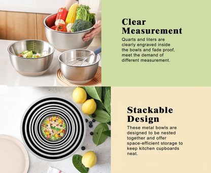 Stainless Steel Mixing Bowls Set with Airtight Lids 7 Piece, Stackable Nesting Bowls with Measuring Spoons Whisk Spatula Tongs Basting Brush, Dishwasher Safe Kitchen Bowls for Cooking Baking Camping Travel