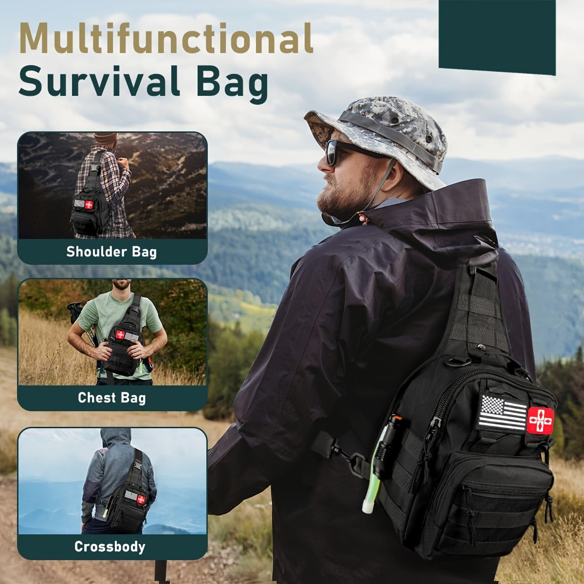 272-Piece Survival Gear Kit with Tactical Bag – Emergency Survival Equipment with Fire Starter, First Aid & Outdoor Tools for Camping, Hiking, Hunting – Crossbody & Molle Bag Options