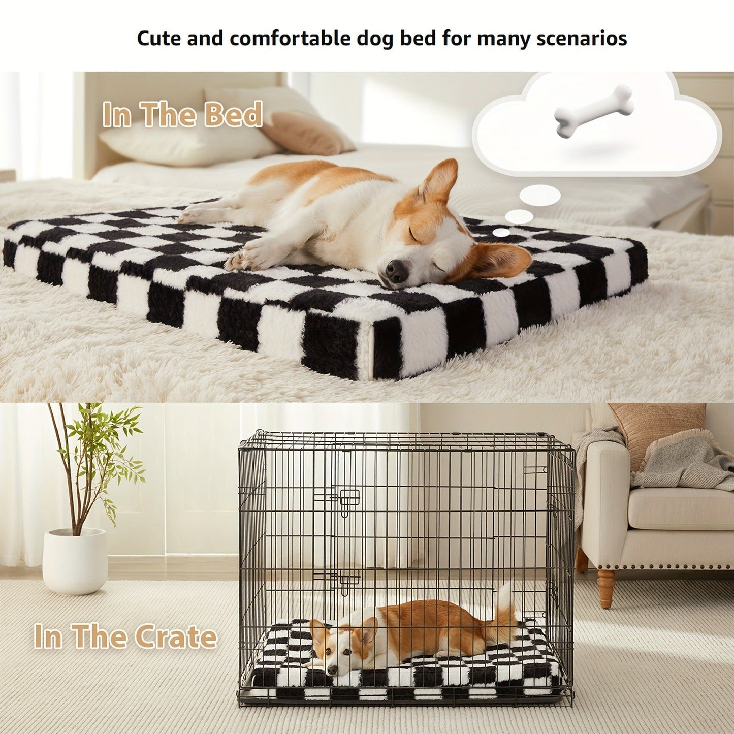Orthopedic Dog Bed with Removable Washable Cover – Non-Slip Bottom, Black & White Plaid, Soft Memory Foam Dog Sofa Bed for Small Medium Large Dogs, S M L XL XXL Sizes