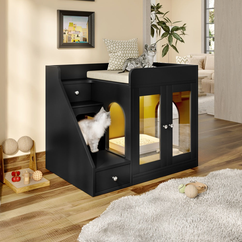 Cat Litter Box Enclosure Furniture Hidden Cabinet with LED Light & 2 Drawers – MDF Indoor Cat House Side Table with Acrylic Door, Stair Steps & 110 lb Capacity, Gray White Black