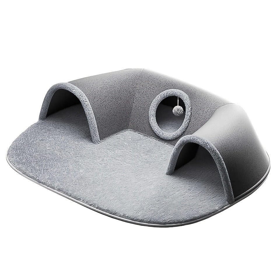 Cat Tunnel Bed 3-in-1 Play Mat & Warm Nest with Non-Slip Base, Durable Chew-Resistant Polyester Cat Bed for Indoor Cats, Soft Gray White Design, S & M Sizes for Cats Rabbits Hamsters