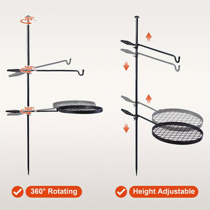 Campfire Grill Grate with Hanging Pole – Height Adjustable, 360° Rotation, 48" Thick Steel Pole, Swivel Grate Ring for Kettle, Dutch Oven & Pan – Portable Open Fire Cooking Grill for Camping & Outdoor