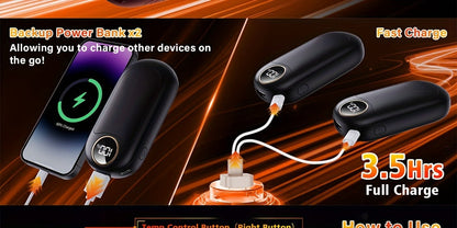 Rechargeable Hand Warmers 2 Pack – Dual-Sided Electric Pocket Heater with Power Bank & LED Light, 36Hrs Warmth, 4 Heat Levels, Portable Reusable Handwarmer Gift for Men & Women, Deep Black / Orange