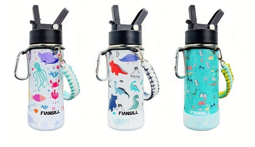 Kids Insulated Water Bottle 16oz with 3D Print Design - Stainless Steel Vacuum Flask, Leak-Proof BPA-Free, One-Hand Lid, Woven Strap & Carabiner, Perfect Student Gift for Boys & Girls, 8 Fun Styles