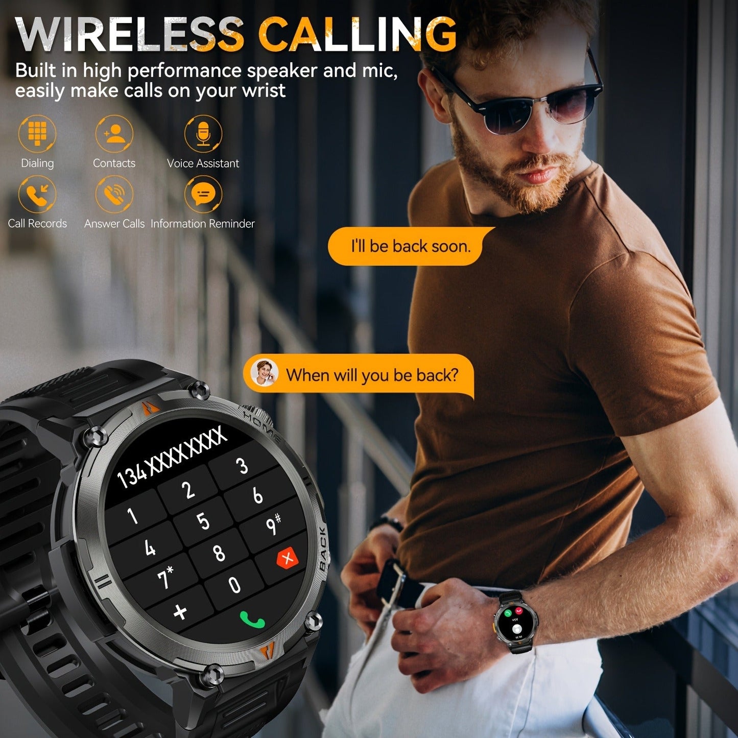 EIGIIS KE3 Rugged Smartwatch for Men – Wireless Calling, HD 1.45" Screen, LED Light, Fitness Tracker, iPhone & Android