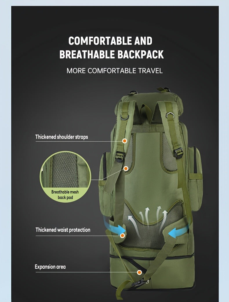 Tactical Backpack 100L Large Capacity Hiking Backpack Multiple Compartments Heavy Duty Ergonomic Straps for Camping Travel Trekking Backpacking Outdoor Adventures Jungle Green Black Army Green Gray Desert