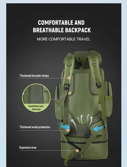 Tactical Backpack 100L Large Capacity Hiking Backpack Multiple Compartments Heavy Duty Ergonomic Straps for Camping Travel Trekking Backpacking Outdoor Adventures Jungle Green Black Army Green Gray Desert