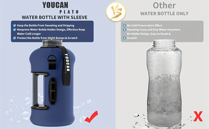 Half Gallon Water Bottle 74oz with Insulated Sleeve, Straw & Time Marker – BPA Free Leakproof Large Sports Jug with Carrying Handle & Strap for Gym, Fitness & Outdoor