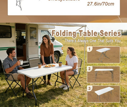 Folding Picnic Table Portable Plastic Camping Table Indoor Outdoor with Carrying Handle Lock 4FT 6FT Lightweight Fold Up Dining Table for Camping Backyard BBQ Party Beach White
