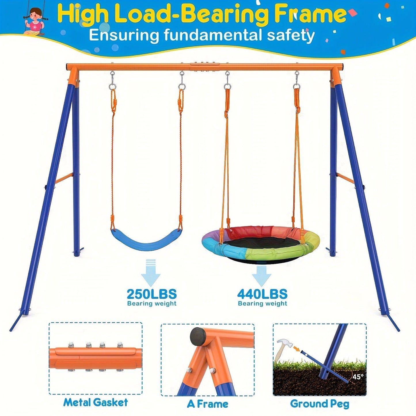 Outdoor Swing Set for Kids 3-in-1 Metal A-Frame 550 lbs Disc Saucer Swing Backyard Playground