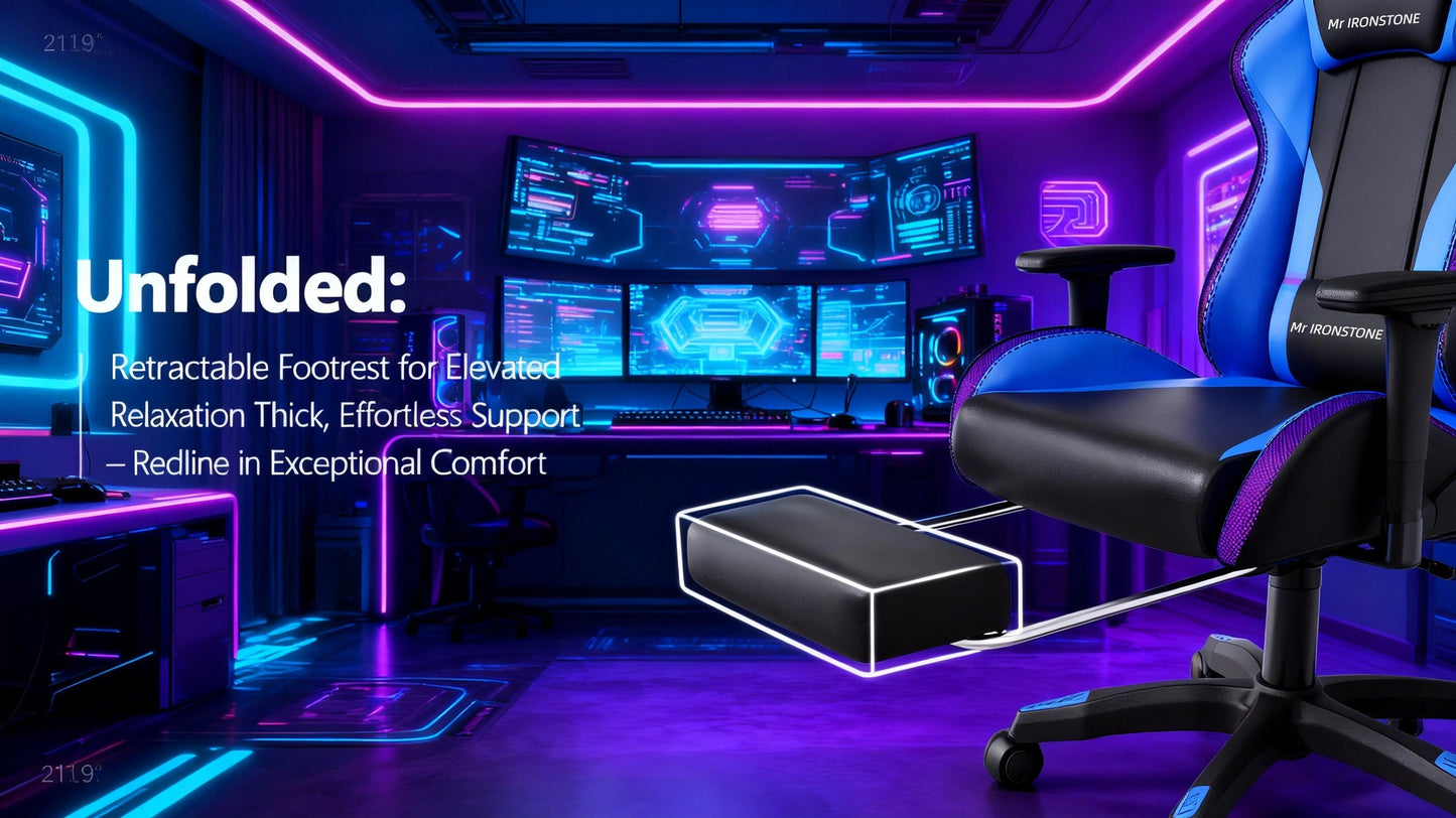 Gaming Chair with Massage and Bluetooth Speaker – RGB LED Lights, 135° Reclining with Footrest, 7-Point Vibration, 3D Adjustable Arms, 360° Swivel, Heavy Duty 400 lbs Big & Tall Ergonomic Chair, Blue Black