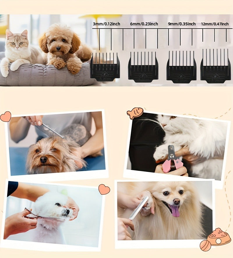 Pet Hair Clipper Cordless Adjustable Comb - Silent Low Noise Rechargeable Electric Dog Cat Grooming Scissors Set, Multiple Style Options, USB Charging Wireless Pet Trimmer for Dogs Cats
