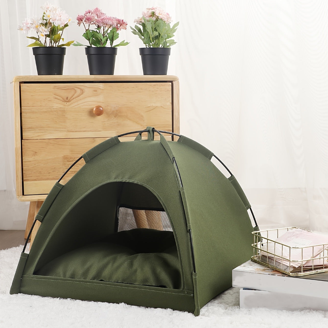 Portable Pet Tent Sleeping Nest for Cats & Dogs - Soft Cozy Foldable Pet House for Indoor Outdoor Camping Travel, Easy Assembly Solid Color Design, Ideal Pet Gift for Cats Dogs, Fern Green