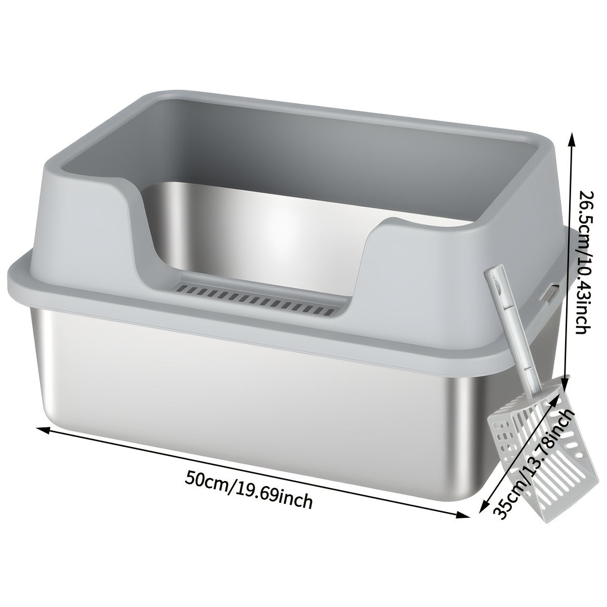 Stainless Steel Cat Litter Box with Scoop - High-Wall Semi-Enclosed Design, Non-Stick Easy Clean Surface, Anti-Leakage Odor Control, 2 Sizes for Kittens & Multiple Cats, Modern Metal Pet Toilet