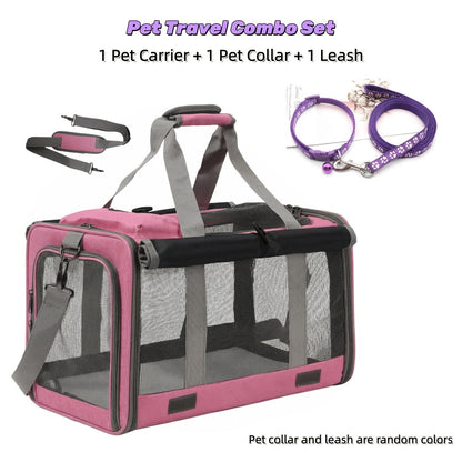 Airline Approved Pet Carrier Soft Sided Collapsible for Cats & Small Dogs - Breathable Oxford Cloth Travel Bag with Zipper Closure, Privacy Cover & Combo Set with Collar Leash Harness, Blue Pink Grey Green Beige