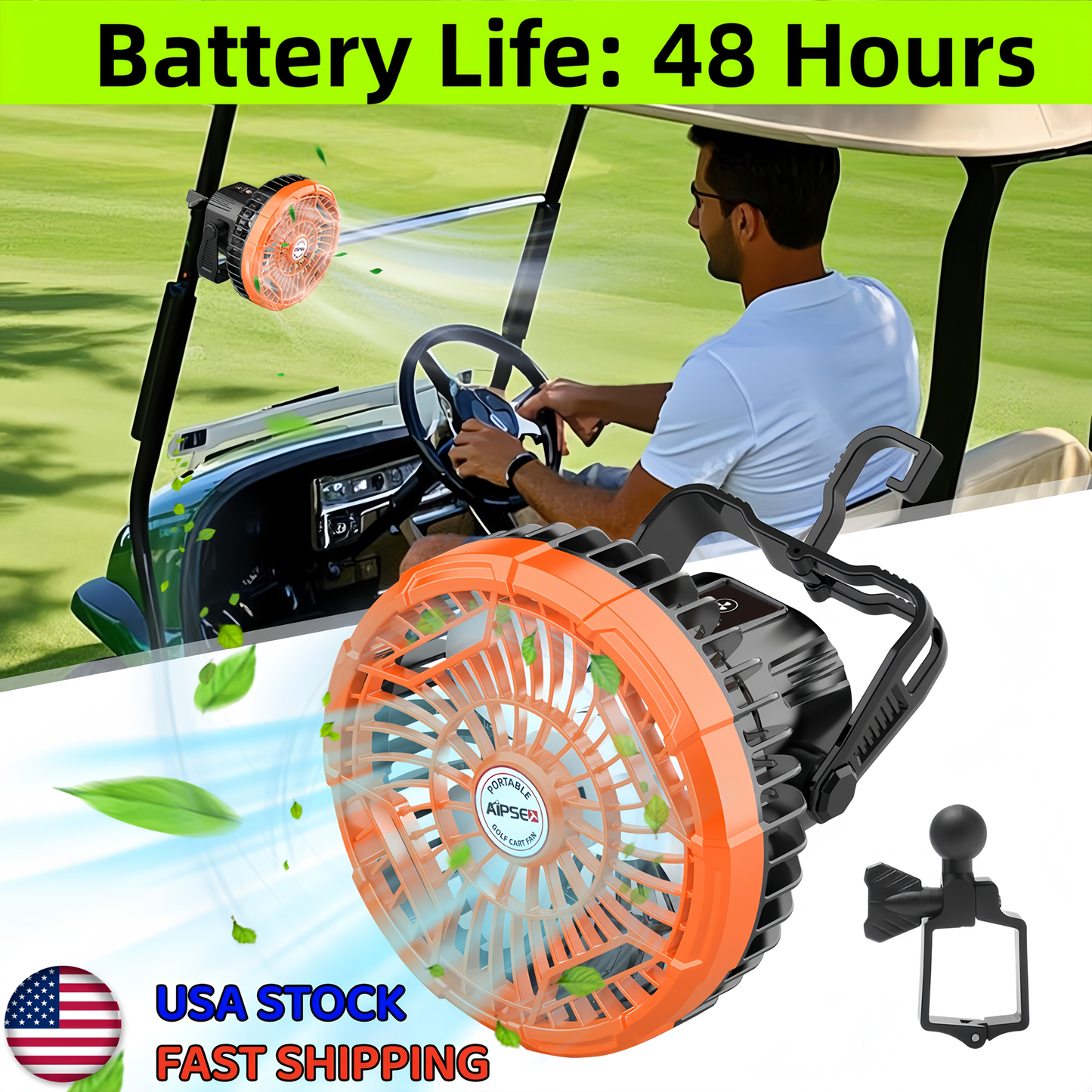 Portable Battery Golf Cart Fan with LED Lantern – 10400mAh Rechargeable, 48H Runtime, 360° Adjustable Head, 3-Speed Remote Control, USB & Type-C, Fits All Square Tube Frames, for Golf, Camping & Fishing