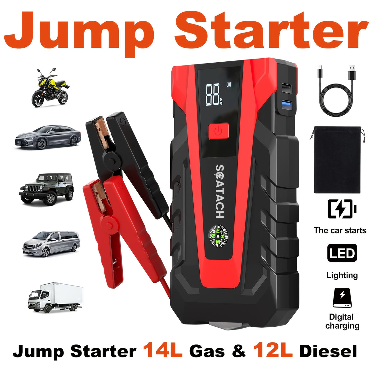 The Car Emergency Starter Power Supply Comes with A Digital Tire Pressure Gauge And Air Pump, A Window Breaker Hammer, And Is Suitable for 12V Cars, Trucks, SUV, Rvs, And Motorcycles. It Features A Multi-Functional Portable LED Display, SOS