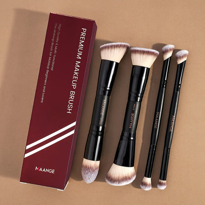 Double-Ended Makeup Brush Set 4Pcs – Bevel Taper Foundation Contour Blush Powder Brushes Professional Travel Makeup Tools Kit for Women Black Beige & Black Gold