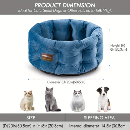 Cat Bed Round Deep Nest for Indoor Cats up to 15lbs, Luxurious Velvet Feel Extra High Sides, Machine Washable Non-Slip Bottom, Cozy Donut Cat Bed 20x20 in Steel Blue & Warm Beige
