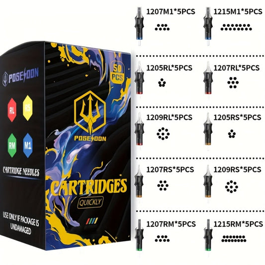 Tattoo Cartridge Needles 50Pcs Mixed Sizes - POSEIDON V5 Round Liner Shader Magnum Disposable Safety Cartridge Needle Set for All Tattoo Machines, Beginner & Professional Artists Supplies