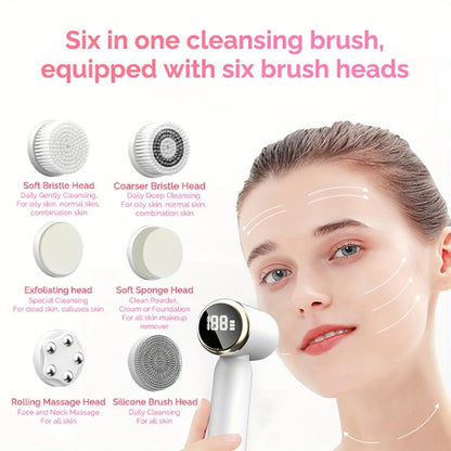 EMS Microcurrent Face Massager Skin Tightening Device V-Face Lifting Double Chin Reducer Neck Rejuvenation 6-in-1 Brush Heads 3-Speed USB Rechargeable Portable Beauty Tool for Women