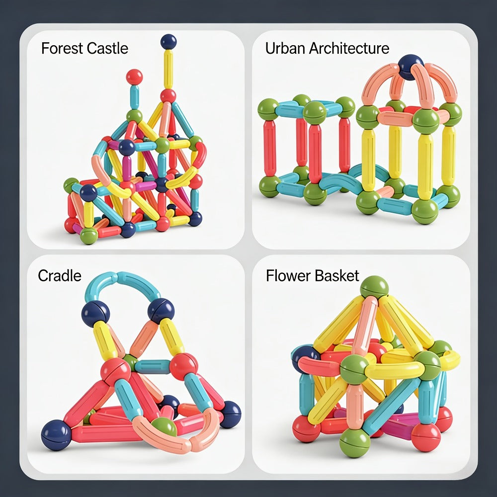 Magnetic Sticks Building Set 28 58 Pcs – 3D STEM Construction Toy for Kids Ages 3+ Build Towers Animals Shapes Creative Imagination Family Classroom Group Play Birthday Christmas Gift