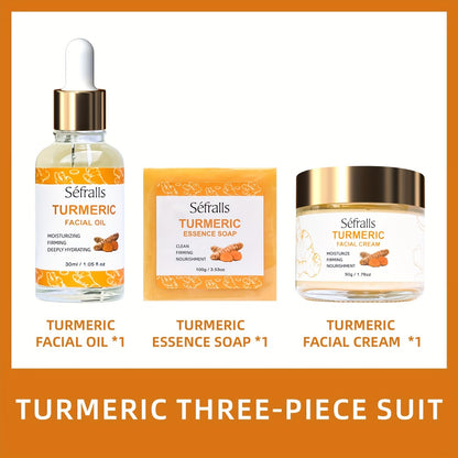 Turmeric Skincare Set 3 Pcs - Turmeric Face Cream, Facial Soap & Essential Oil Kit for Deep Pore Cleansing, Brightening & Moisturizing, Oil Control Skin Care Gift Set for Women & Men