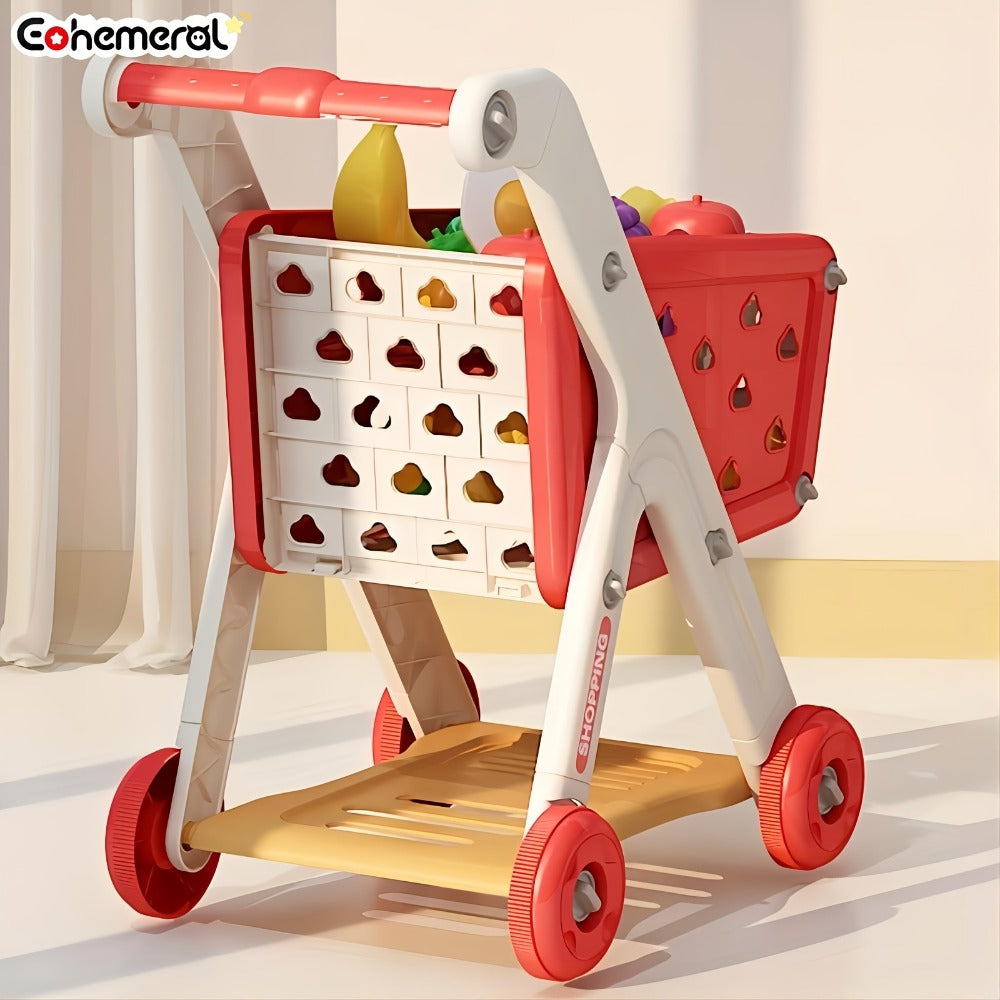 Kids Pretend Play Shopping Cart Toy Set with Realistic Food & Grocery Accessories – Supermarket Role Play for Toddlers Girls Boys Ages 3+, Blue, Birthday Christmas Gift