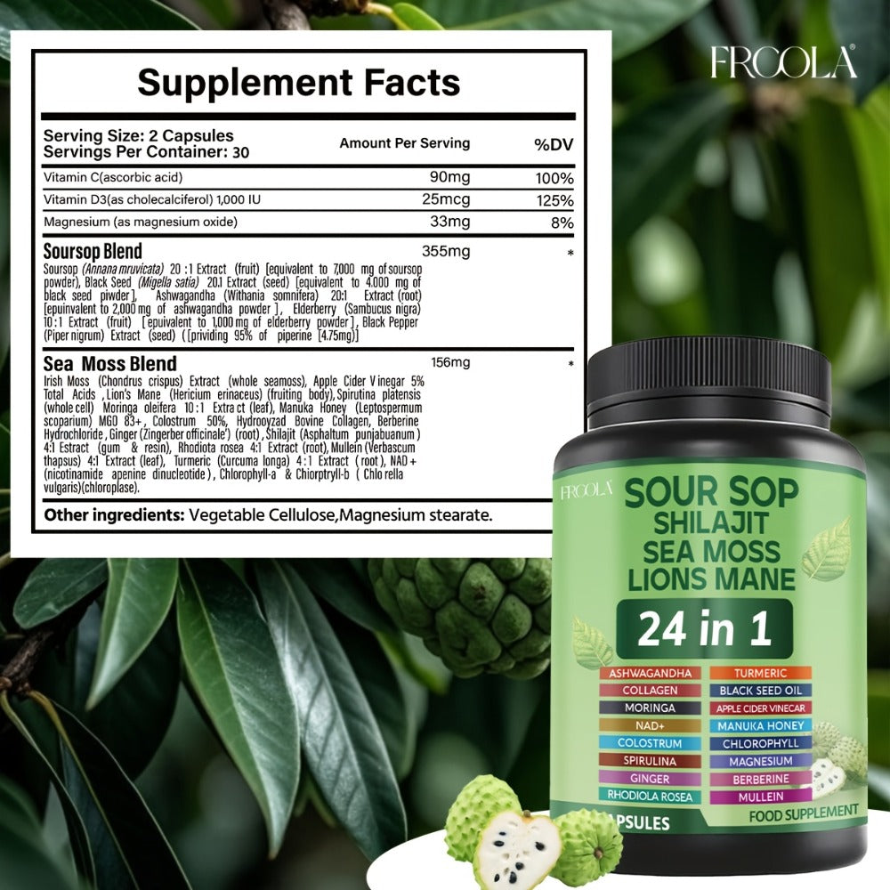 Soursop Capsules 24-in-1 with Sea Moss, Shilajit, Lion's Mane, Black Seed Oil, Chlorophyll & Turmeric – Immune & Liver Health Daily Wellness Supplement for Women & Men