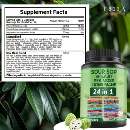 Soursop Capsules 24-in-1 with Sea Moss, Shilajit, Lion's Mane, Black Seed Oil, Chlorophyll & Turmeric – Immune & Liver Health Daily Wellness Supplement for Women & Men