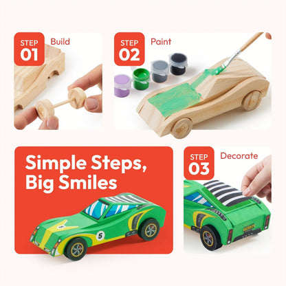 DIY Wooden Race Cars 4pcs Build & Paint Kit for Kids Ages 8+ – 44 Pre-Cut Pieces 12 Colors Racing Stickers, Paint Your Own Wood Craft Toy STEM Arts Crafts Birthday Gift for Boys Girls