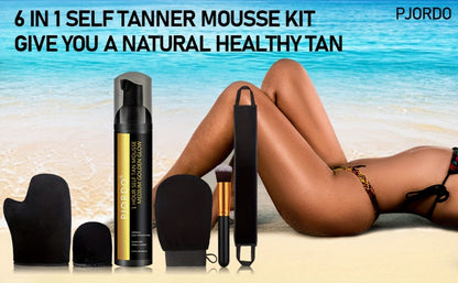 Sunless Tanning Mousse Kit 6-Piece Set with Mitt Applicator - Self Tanner Foam 1 Hour Fast Tan No Fake Smell Long Lasting Bronze Glow 3.38oz Gift Set
