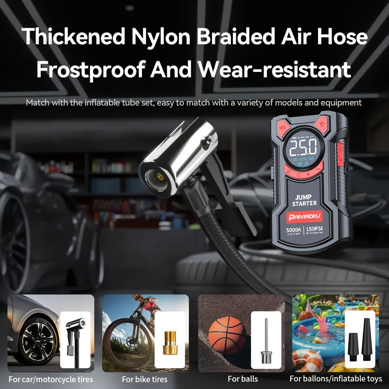 Jump Starter with Air Compressor, 150 PSI Car Air Compressor & 5000A Peak Car Jump Starter (2.64 Gallons Of Gasoline, 2.38 Gallons Of Diesel) with LED Light, Power Bank Function.