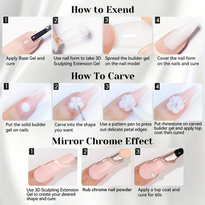 3D Sculpting Builder Gel Kit with Carving Pen — Clear & White Nail Extension Gel for Floral Nail Art, Acrylic Extensions & DIY Salon Manicure, Professional Nail Modeling Gel Set 2pcs or 3pcs for Women