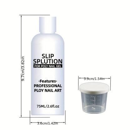 Poly Gel Slip Solution 75ml 2.6oz with Container – Anti-Stick Liquid for Poly Nail Extension Gel Application, Smooth Sculpting & Shaping Tool for Salon & Home Nail Art Beginners & Pros