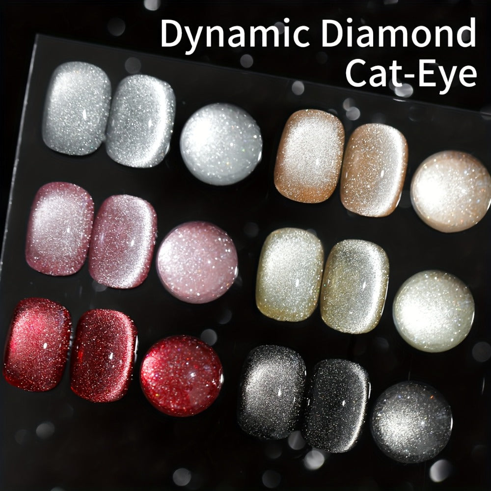Cat Eye Magnetic Gel Nail Polish Set 6 Colors - Sparkling Stars Dynamic Rhinestone UV LED Soak Off Long Lasting Photo Frame Bottle Nail Art Kit for Women Home Salon